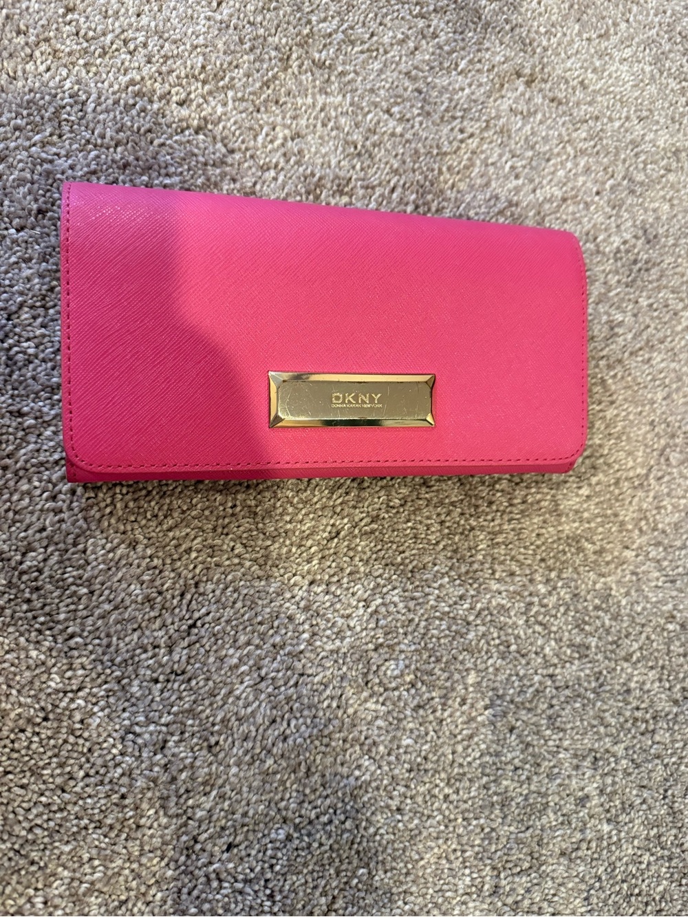 DKNY Hot Pink Saffiano Flap Wallet with Gold Plate